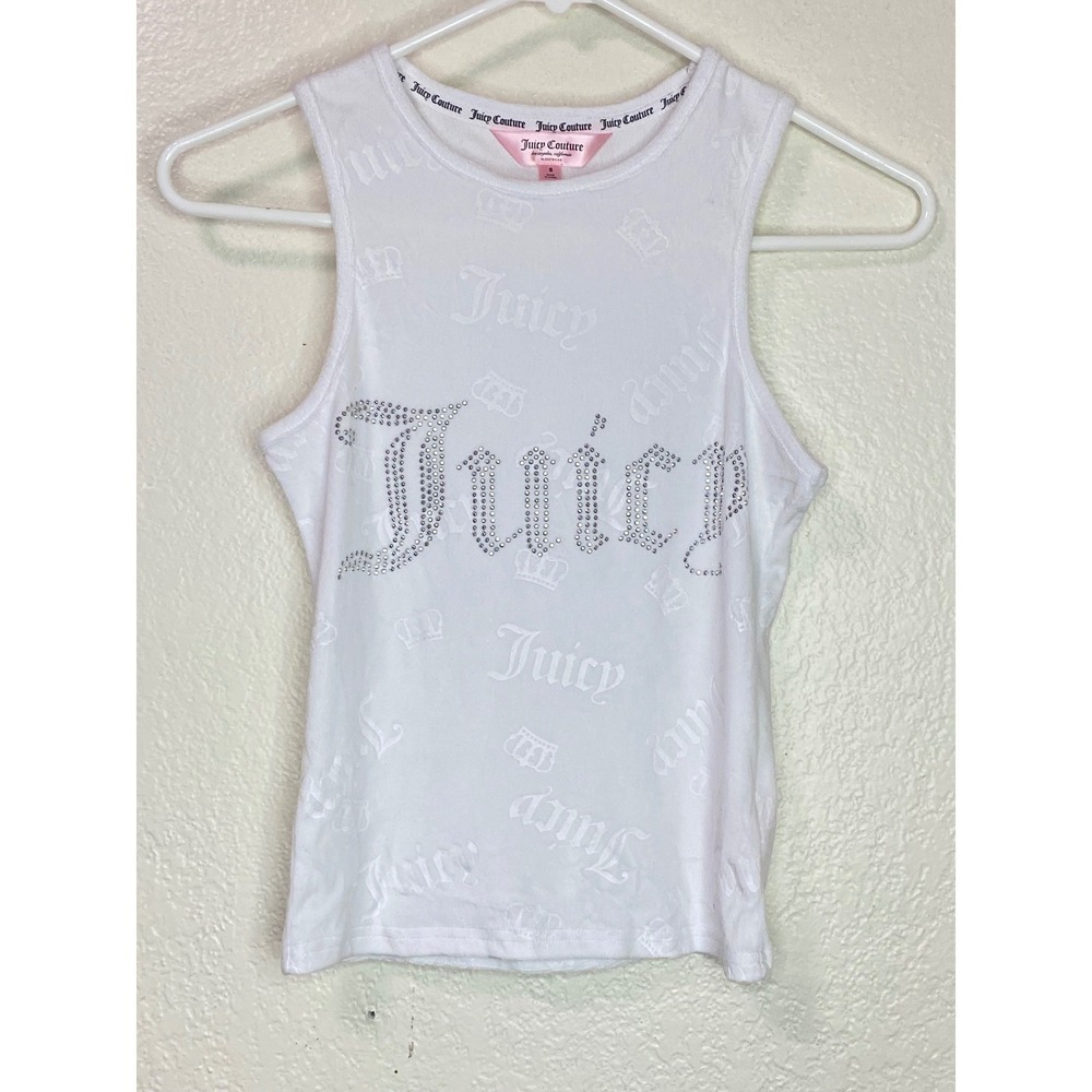 Juicy Couture Rhinestone Logo Tank Top Embossed Crowns Y2K Size Small